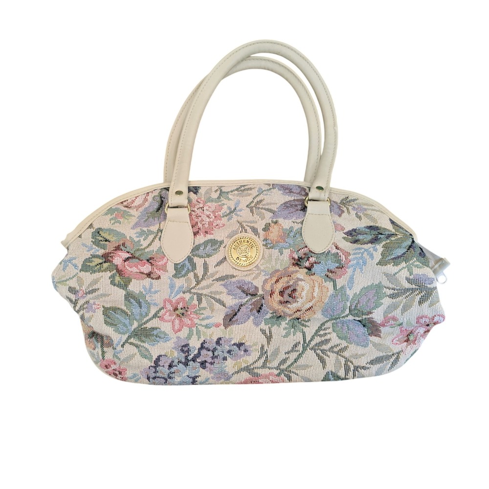 Vintage Authentic Design Floral Tapestry Satchel Handbag Cream Faux Leather Trim
